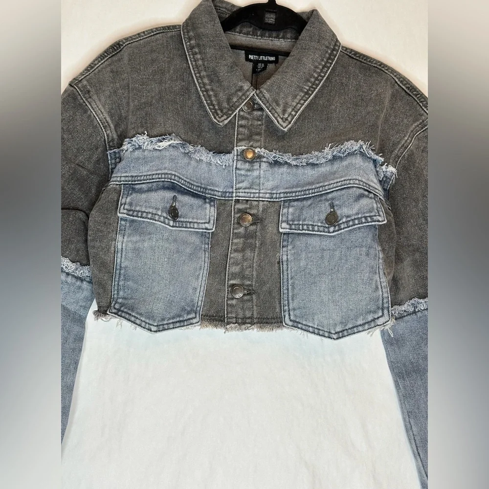 NWT PrettyLittleThing Washed Grey Double Layered Denim Cropped Jacket US Size 8 - Picture 8 of 14
